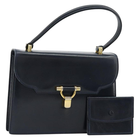 GUCCI Hand Bag Leather Navy Gold Auth 177606