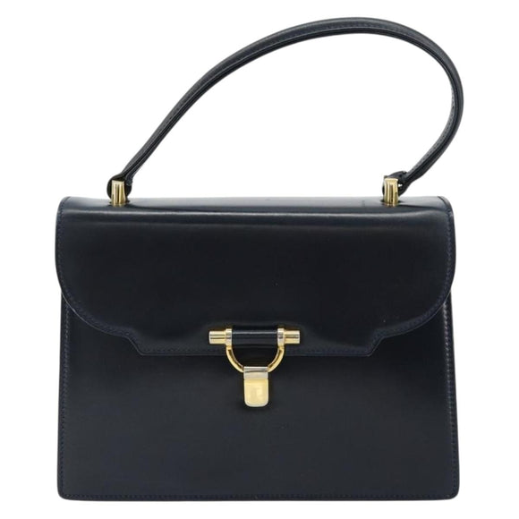 GUCCI Hand Bag Leather Navy Gold Auth 177606