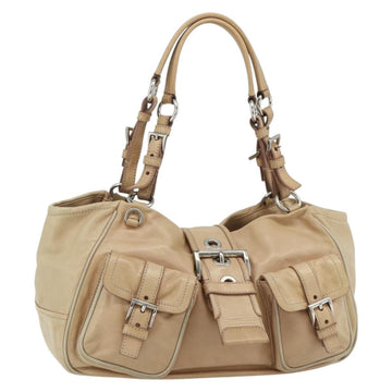PRADA Hand Bag Leather Beige Silver Auth 177618A