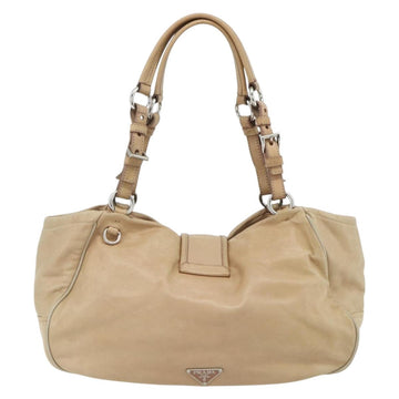 PRADA Hand Bag Leather Beige Silver Auth 177618A - 0