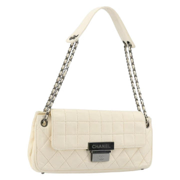 CHANEL Choco Bar Chain Shoulder Bag Lamb Skin White Silver CC Auth 177622