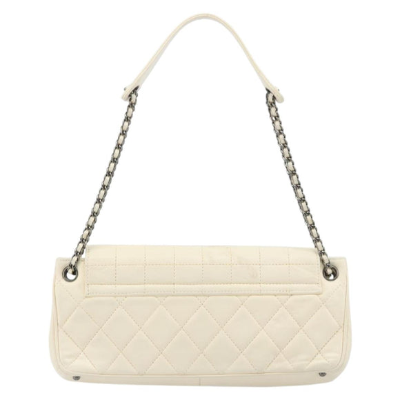 CHANEL Choco Bar Chain Shoulder Bag Lamb Skin White Silver CC Auth 177622