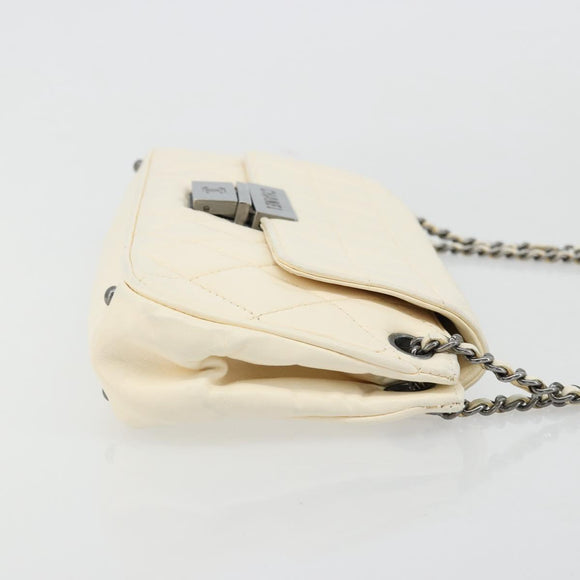 CHANEL Choco Bar Chain Shoulder Bag Lamb Skin White Silver CC Auth 177622