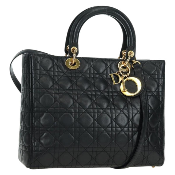 Christian Dior Lady Dior Canage Bag Lamb Skin 2way Black Gold Auth 177649SAM