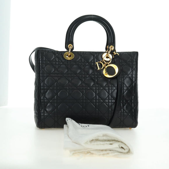 Christian Dior Lady Dior Canage Bag Lamb Skin 2way Black Gold Auth 177649SAM