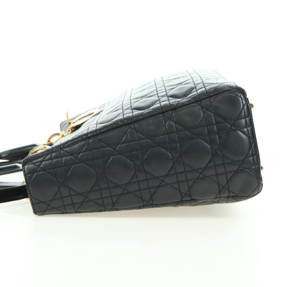 Christian Dior Lady Dior Canage Bag Lamb Skin 2way Black Gold Auth 177649SAM