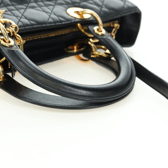 Christian Dior Lady Dior Canage Bag Lamb Skin 2way Black Gold Auth 177649SAM