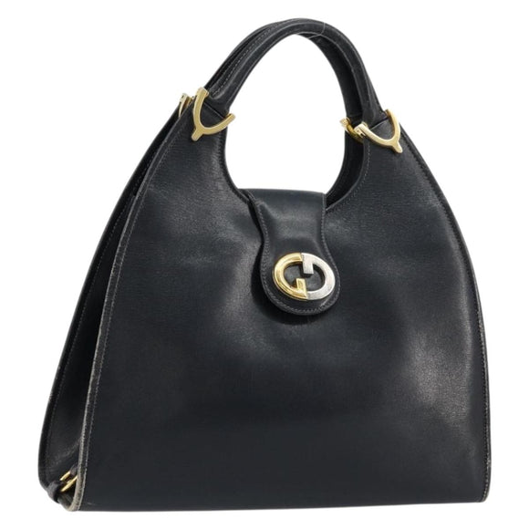 GUCCI Hand Bag Leather Navy Gold Auth 177664
