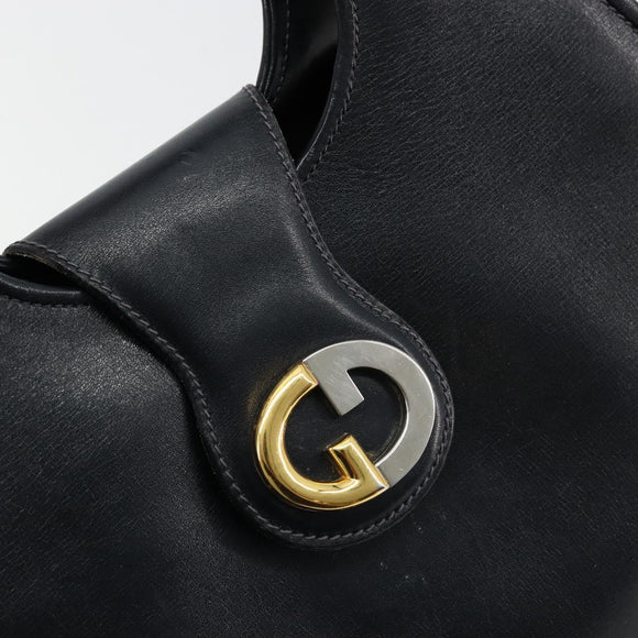 GUCCI Hand Bag Leather Navy Gold Auth 177664