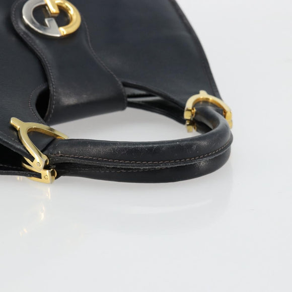 GUCCI Hand Bag Leather Navy Gold Auth 177664