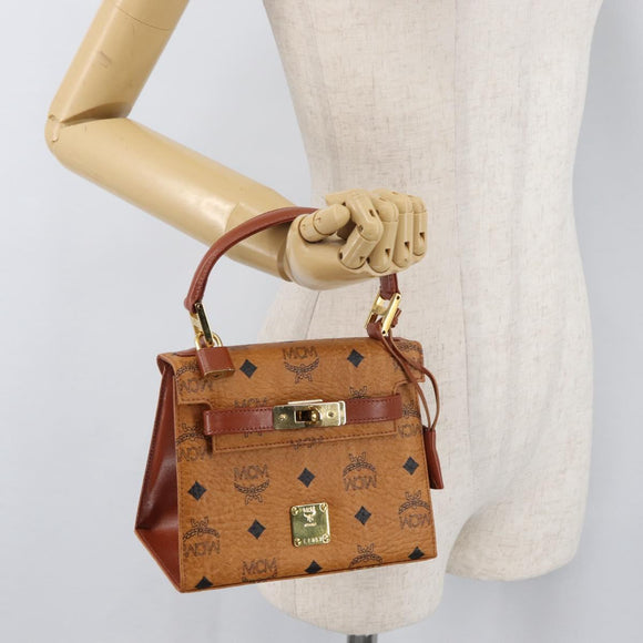 MCM Vicetos Logogram Hand Bag PVC Leather Brown Gold Auth 177665A