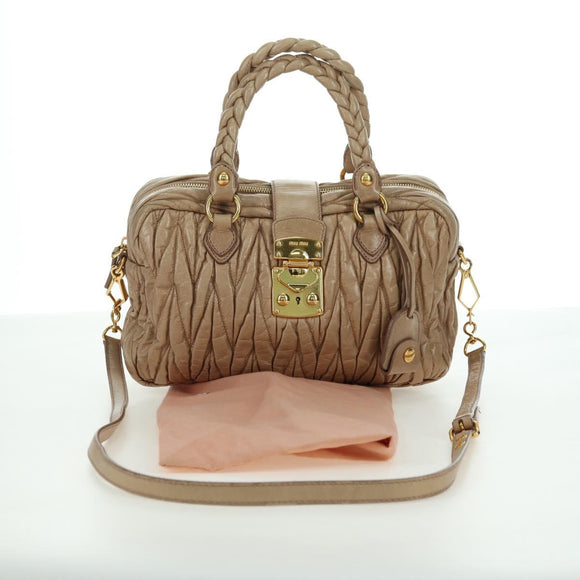 Miu Miu Matelasse Hand Bag Leather 2way Beige Gold Auth 177667V