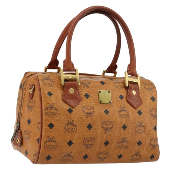 MCM Logogram Vicetos Boston Bag PVC Brown Gold Auth 177680