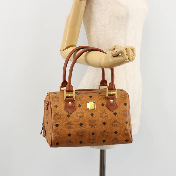 MCM Logogram Vicetos Boston Bag PVC Brown Gold Auth 177680