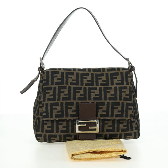 FENDI Zucca Canvas Mamma Baguette Shoulder Bag Brown Black Auth 177694SAV