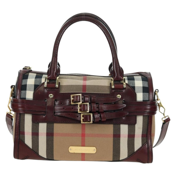 BURBERRY Nova Check Boston Bag Canvas 2way Beige Gold Auth 177707V