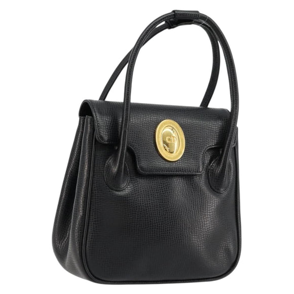 Christian Dior Hand Bag Leather Black Gold Auth 177713