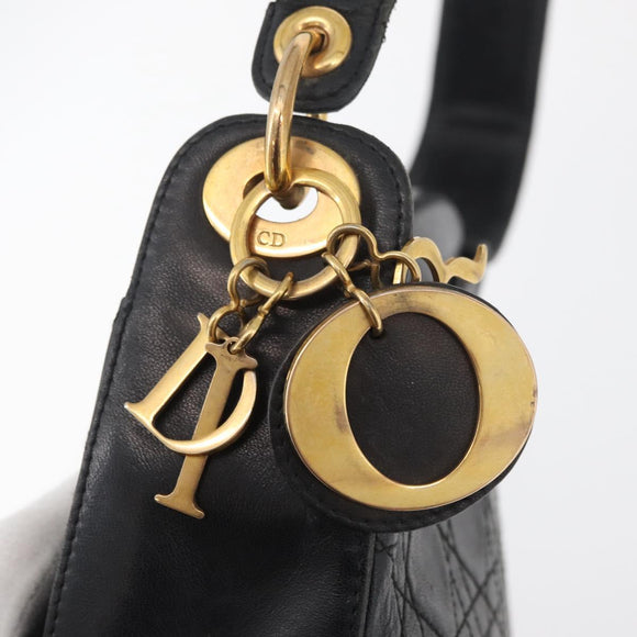 Christian Dior Canage Shoulder Bag Lamb Skin Black Gold Auth 177727