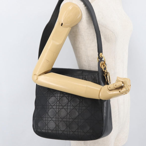 Christian Dior Canage Shoulder Bag Lamb Skin Black Gold Auth 177727