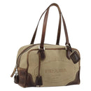 PRADA Boston Bag Canvas Beige Silver Auth 177738-1