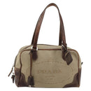 PRADA Boston Bag Canvas Beige Silver Auth 177738-13