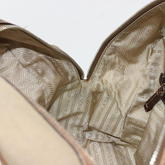 PRADA Boston Bag Canvas Beige Silver Auth 177738