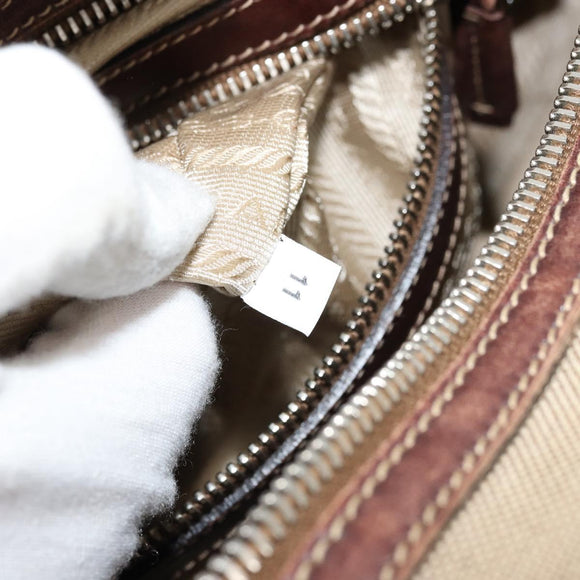PRADA Boston Bag Canvas Beige Silver Auth 177738