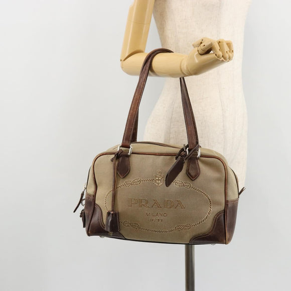 PRADA Boston Bag Canvas Beige Silver Auth 177738