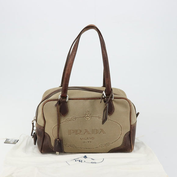PRADA Boston Bag Canvas Beige Silver Auth 177738