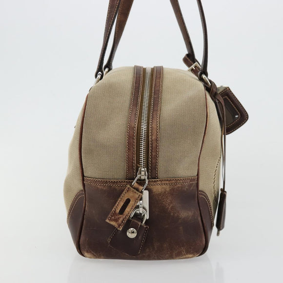 PRADA Boston Bag Canvas Beige Silver Auth 177738