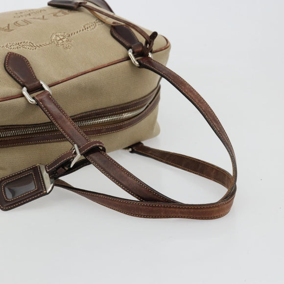 PRADA Boston Bag Canvas Beige Silver Auth 177738