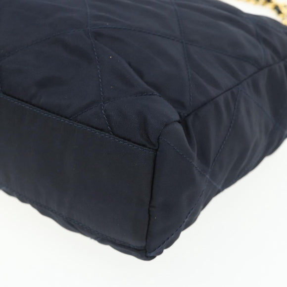 PRADA Chain Tote Tas Nylon Navy Goud Auth 177788