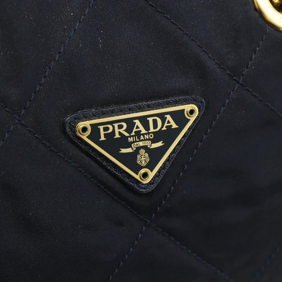 PRADA Chain Tote Tas Nylon Navy Goud Auth 177788