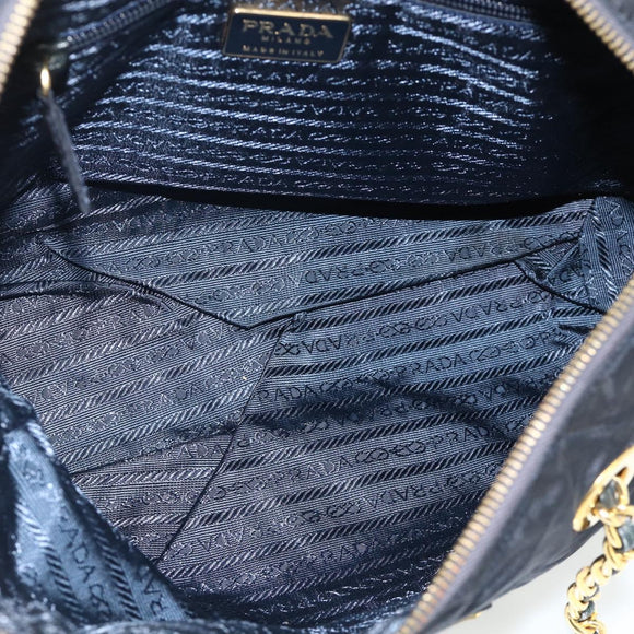 PRADA Chain Tote Tas Nylon Navy Goud Auth 177788