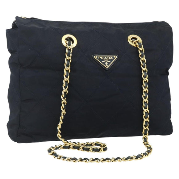 PRADA Chain Tote Tas Nylon Navy Goud Auth 177788