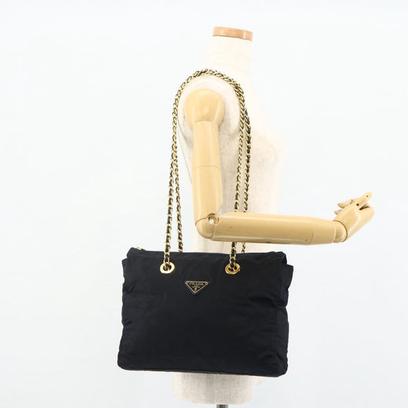 PRADA Chain Tote Tas Nylon Navy Goud Auth 177788