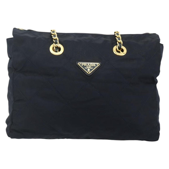 PRADA Chain Tote Tas Nylon Navy Goud Auth 177788