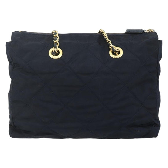 PRADA Chain Tote Tas Nylon Navy Goud Auth 177788