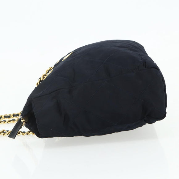 PRADA Chain Tote Tas Nylon Navy Goud Auth 177788