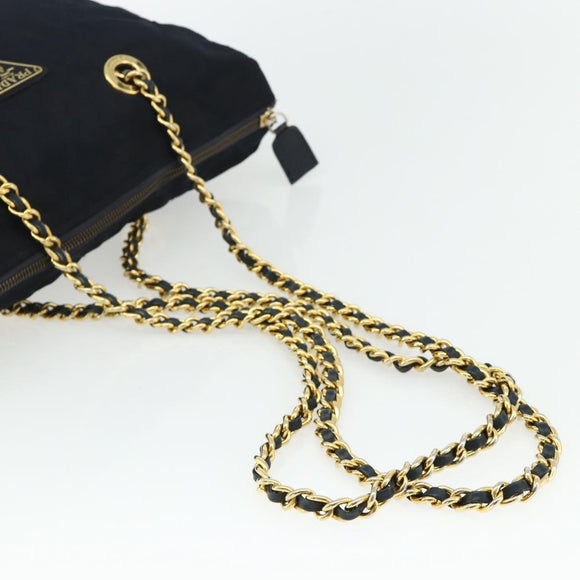 PRADA Chain Tote Tas Nylon Navy Goud Auth 177788