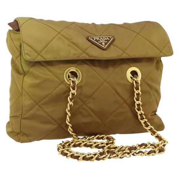 PRADA Chain Tote Bag Nylon Beige Gold Auth 177789