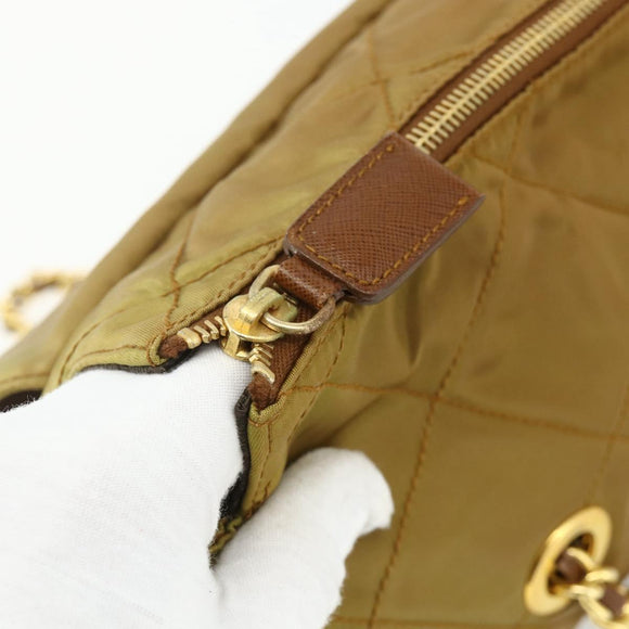 PRADA Chain Tote Bag Nylon Beige Gold Auth 177789