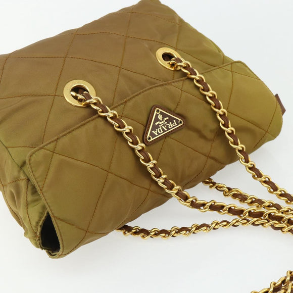 PRADA Chain Tote Bag Nylon Beige Gold Auth 177789