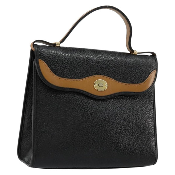 Christian Dior Hand Bag Leather Black Gold Auth 177815