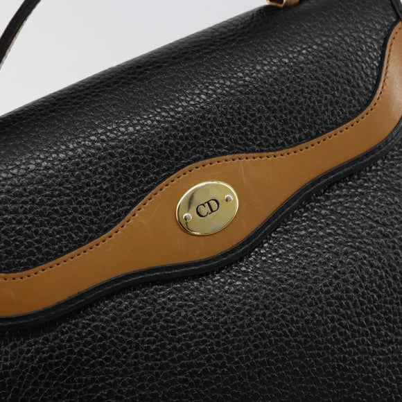 Christian Dior Hand Bag Leather Black Gold Auth 177815