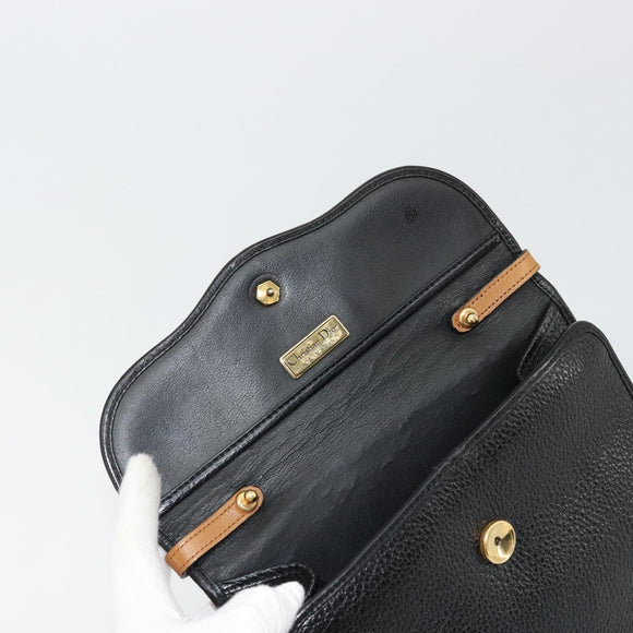 Christian Dior Hand Bag Leather Black Gold Auth 177815