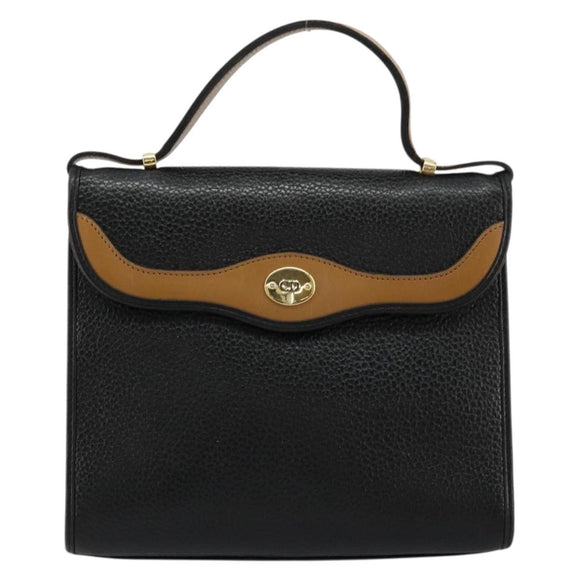 Christian Dior Hand Bag Leather Black Gold Auth 177815