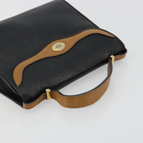 Christian Dior Hand Bag Leather Black Gold Auth 177815