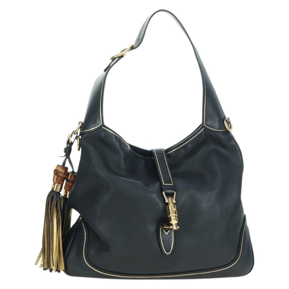 GUCCI Jackie Bamboo Shoulder Bag Leather Black Gold 281178 Auth 177840SAM