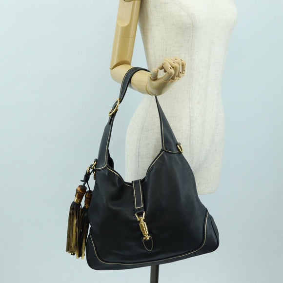 GUCCI Jackie Bamboo Shoulder Bag Leather Black Gold 281178 Auth 177840SAM